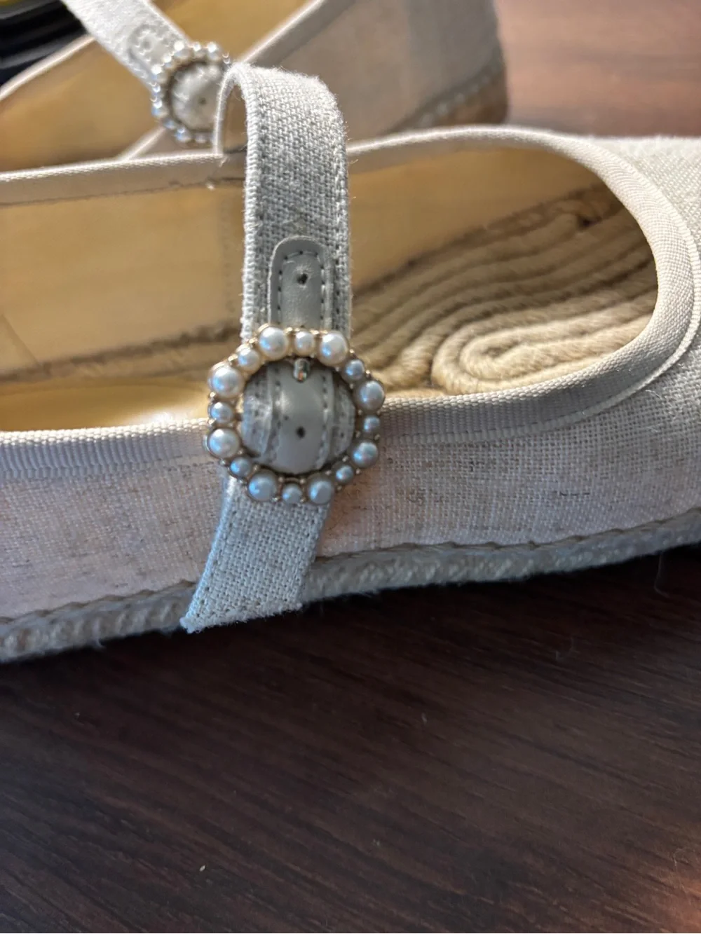 J. Crew Linen Espadrille Mary Jane Flats Jeweled Buckle Beige 7.5